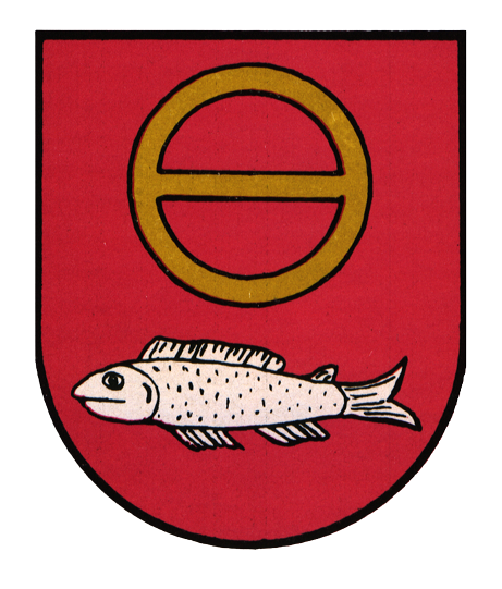 Das Wappen des Ortsteils Altenheim. Darauf ist ein Sester sowie ein Fisch auf rotem Hintergrund zu sehen.