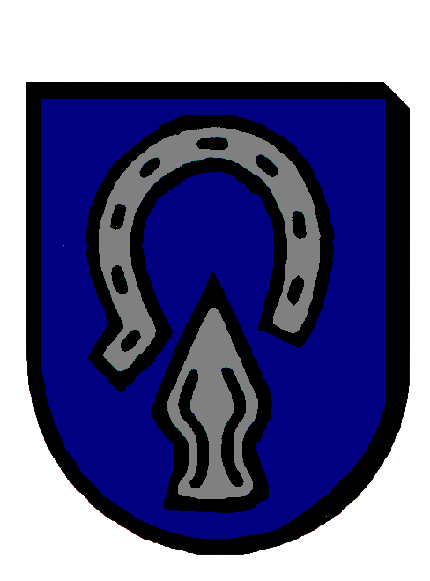Das Wappen des Ortsteils Ichenheim. Darauf ist ein Hufeisen sowie ein Pflugeisen auf blauem Hintergrund zu sehen.