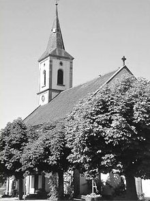 Schwarzweißbild der Schutterzeller Kirche.
