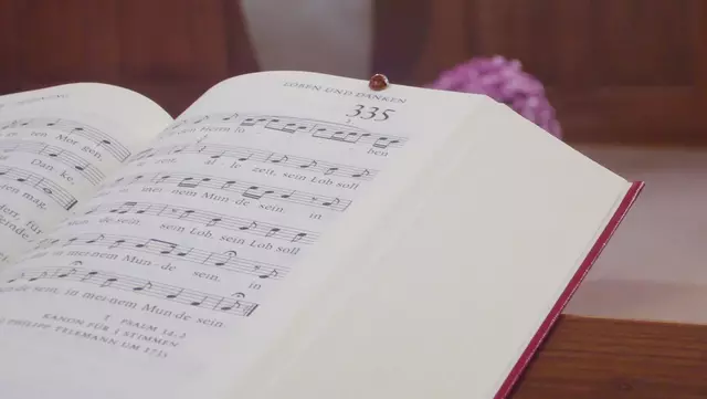 Auf einem Gesangbuch sitzt ein Marienkäfer